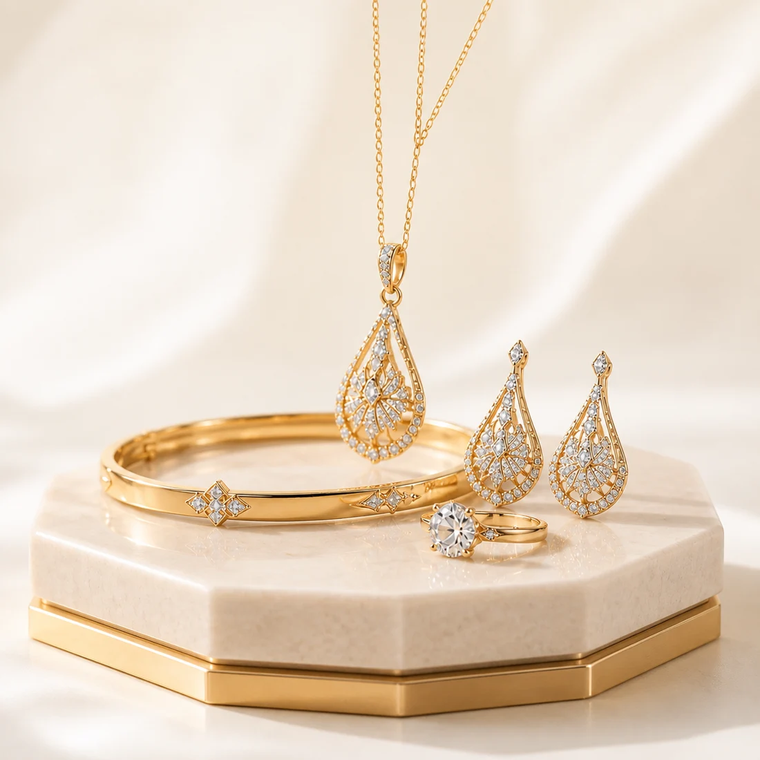 تشكيلة مجوهرات Luxury Brands بتفاصيل لامعة على قاعدة فاتحة